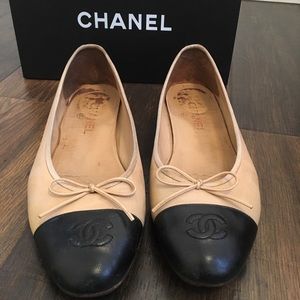 Chanel Cap Toe Ballet Flats-Beige/Black-Size 40.5